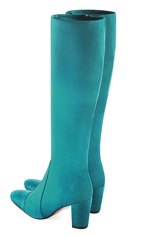 Turquoise blue women's elegant sneakers. Round toe. High block heels. Rear view - Florence KOOIJMAN